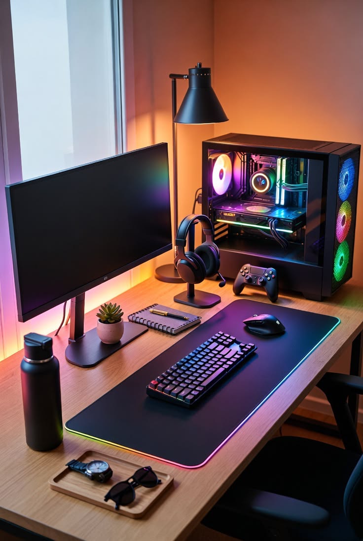 A modern gaming desk setup in a warmly lit room, featuring a large RGB-lit desk mat, mechanical keyboard, mouse, and a desktop PC with a visible illuminated interior. A monitor, headphones, game controller, lamp, water bottle, and small accessories are arranged on the desk.